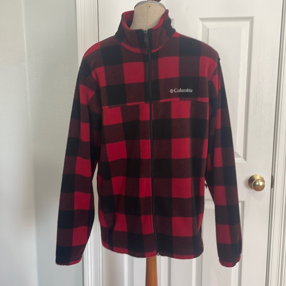 Columbia jacket fleece full zipper pockets Red Black plaid men’s size L large